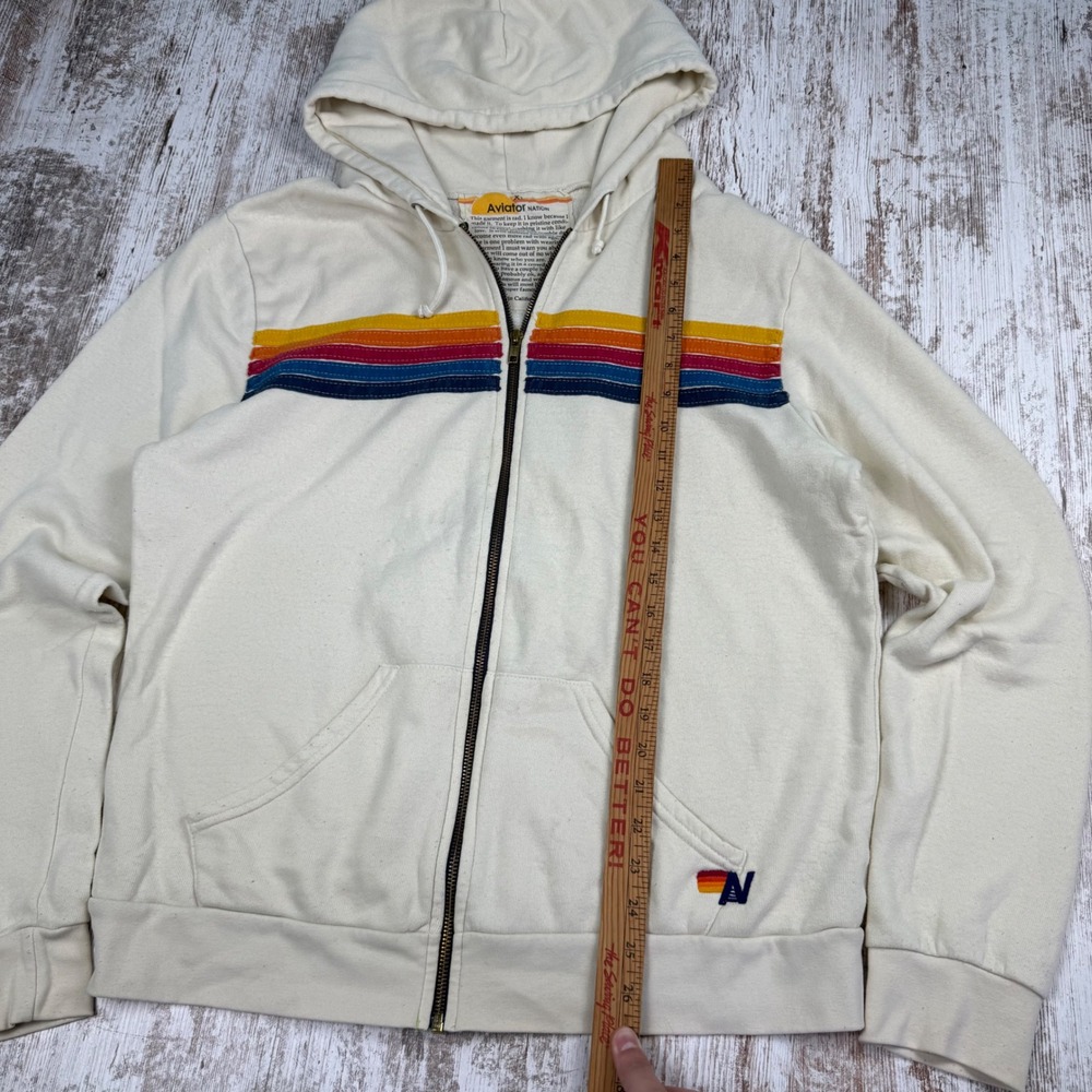 Aviator Nation 5-Stripe Rainbow Zip Up Hoodie Cream White XL Unisex Sweatshirt - Picture 5 of 11